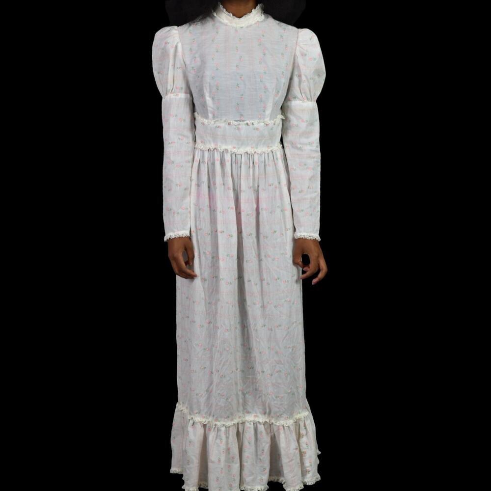 Vintage Vicky Vaughn Prairie Dress White Maxi Embroidered Gigot Puff Sleeve XXS